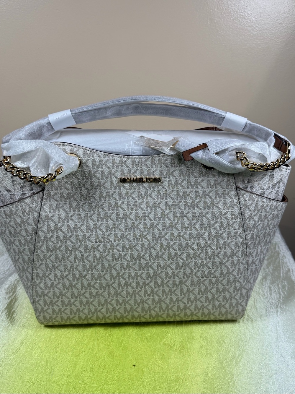 Michael Kors Cream/White Signature MK Tote with Gold Hardware